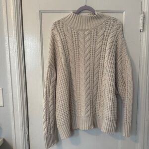 Elegant Beige Cable Knit Turtleneck Sweater